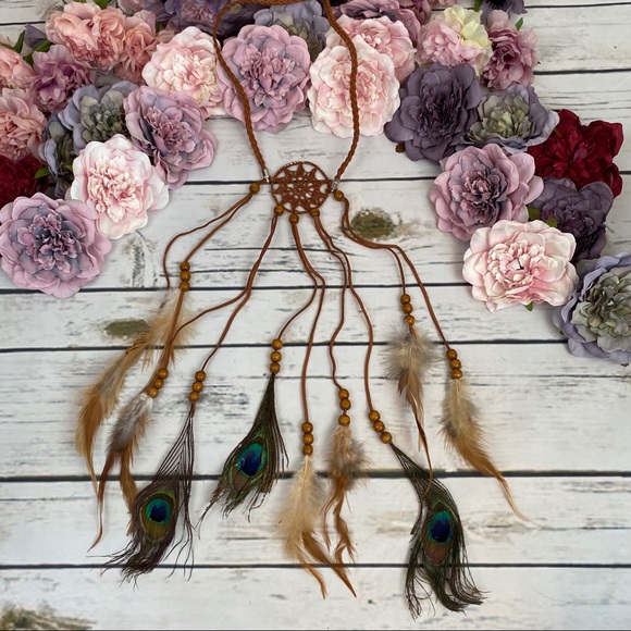 Boho Peacock/Brown Feather Dreamcatcher Headdress - Picture 6 of 14